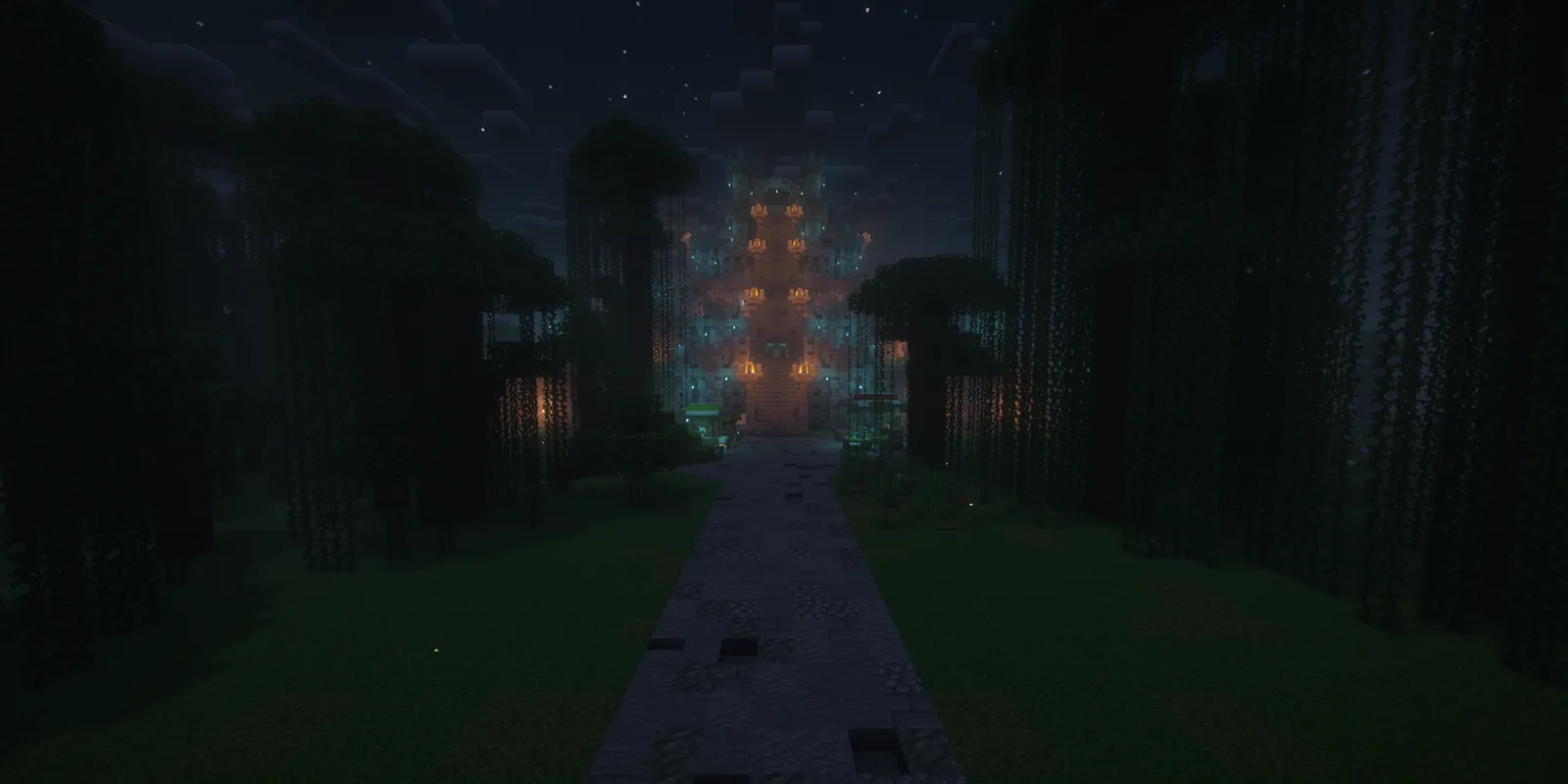 America's cradle: a lamplit stepped pyramid deep in night jungle